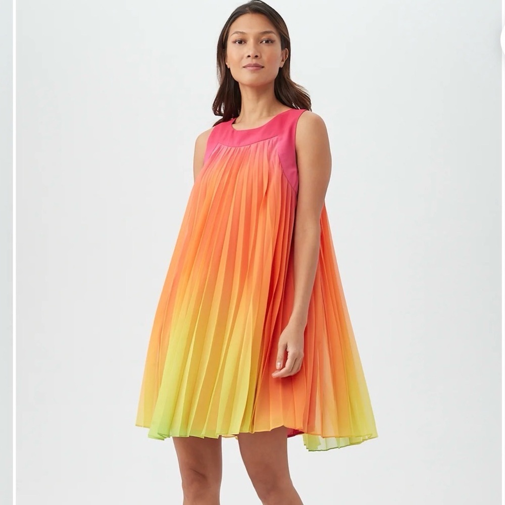 Trina Turk Jalina Shift Dress Orange Pink Ombré Pleated Sleeveless A Line NWT 16
